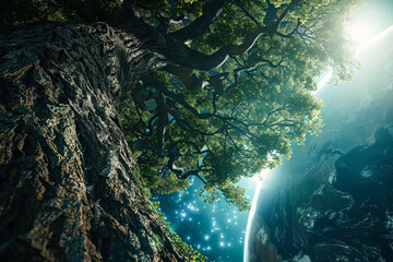 Wall Mural - tree with a large trunk and branches is surrounded by a blue sky. the sky is filled with stars and t