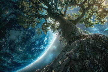 Wall Mural - tree with a large trunk and branches is surrounded by a blue sky. the sky is filled with stars and t