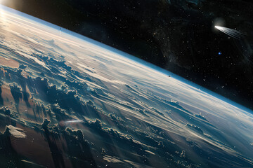 Wall Mural - space shot of the earth with a comet falling towards it. concept of awe and wonder at the vastness o
