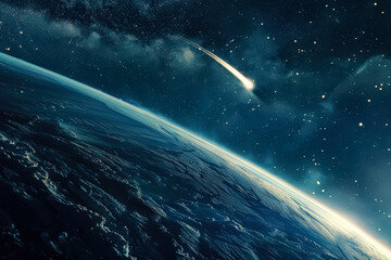 Canvas Print - space shot of the earth with a comet falling towards it. concept of awe and wonder at the vastness o