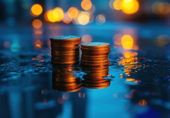 Poster - Glimmering Stacks of Coins Reflecting Lights on a Wet Surface at Night, Symbolizing Wealth, Prosperity, and Success in a Modern Urban Environment