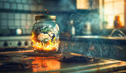 Wall Mural - jar filled with a globe is placed on a stove burner, with flames shooting out of it. the scene is se