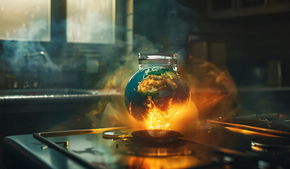 Wall Mural - jar filled with a globe is placed on a stove burner, with flames shooting out of it. the scene is se