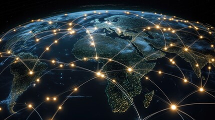 Poster - A glowing blue hologram of Earth displays continents and oceans, illuminated by global network connections with a focus on South Asia