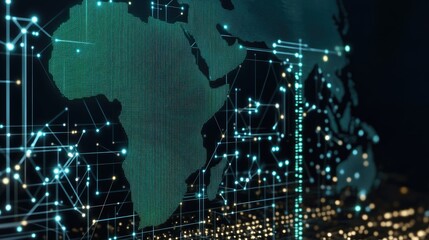 Poster - A glowing blue hologram of Earth displays continents and oceans, illuminated by global network connections with a focus on South Asia