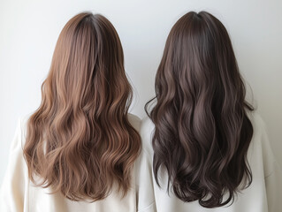 Aufkleber - 2人の若い女性の後ろ姿で、美しい長い巻き髪にフォーカスした写真。ヘアケアのイメージ撮影。