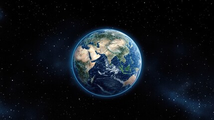 Poster - A glowing blue hologram of Earth displays continents and oceans, illuminated by global network connections with a focus on South Asia