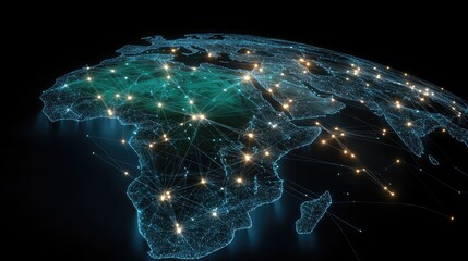 Poster - A glowing blue hologram of Earth displays continents and oceans, illuminated by global network connections with a focus on South Asia