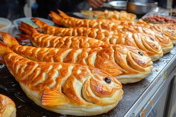 Wall Mural - Korean street food fish shaped pancakes filled with sweet red beans