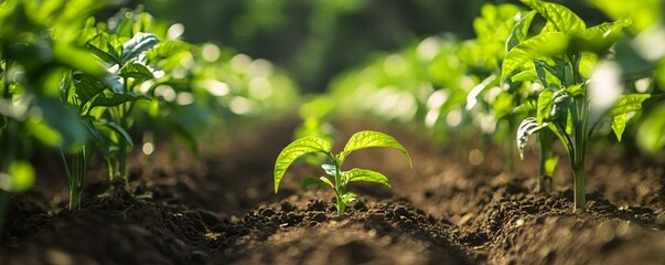 Poster - Small plant growing in fertile soil on agricultural field at sunset