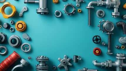 Poster - clean and precise composition showcasing an orderly arrangement of various industrial pipe clamps co