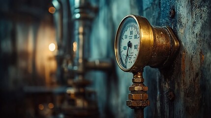 Poster - closeup shot of a shiny brass valve with a water pressure gauge attached showcasing the industrial e