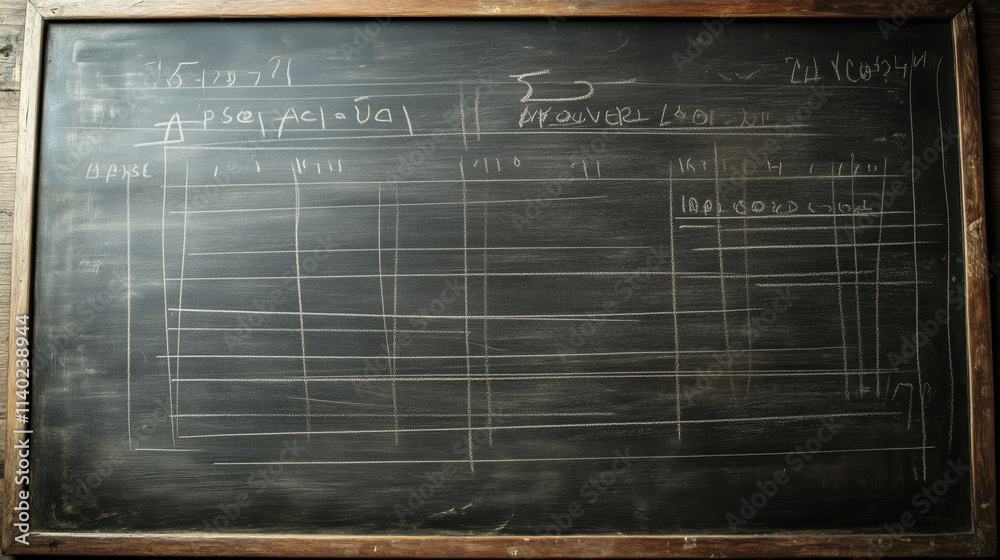 Blackboard used for learning mathematics with charts and notes in a ...