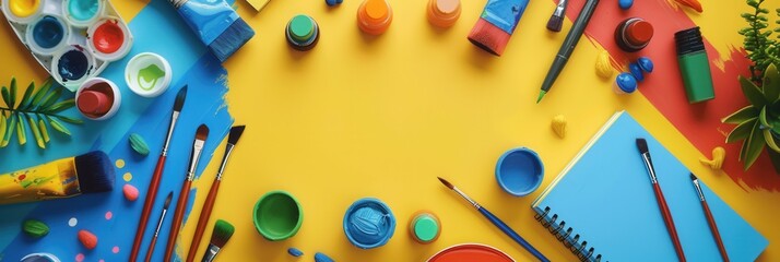 Aufkleber - Colorful assortment of educational materials including brushes, paints, and sketchbooks on a vibrant workspace. Generative AI