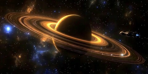 Wall Mural - spaceship exploring ringed planet in galaxy