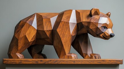 Wall Mural - Low-poly wooden bear sculpture on a wooden shelf against a gray background.