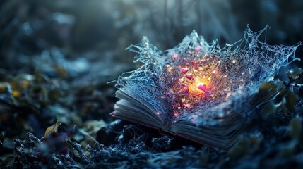 Poster - Enchanted book glowing mysteriously in a forest fantasy scene magic realm mystical atmosphere