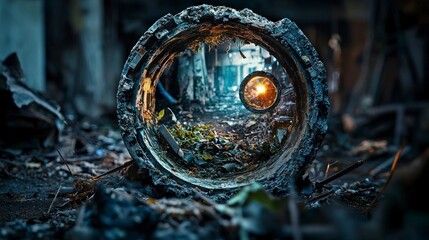 Poster - Industrial device carving circular fragments abandoned location photo art gritty environment close-up viewpoint