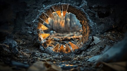 Poster - Circular photo fragmentation device carving art in urban ruins creative environment unique viewpoint on nature
