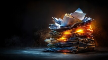 Aufkleber - Overflowing folders illuminated by a mysterious glow office space digital art dark environment close-up intrigue
