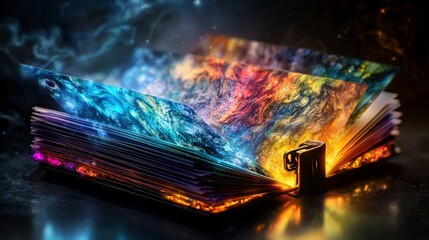 Aufkleber - Colorful paper sheets bound by glowing stapler creative studio digital artwork vibrant environment close-up imagination