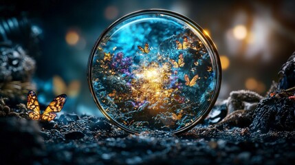 Aufkleber - Illuminated butterfly projection enchanted forest fantasy illustration magical environment close-up view nature concept