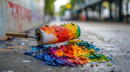 Poster - Creative art event vibrant paint roller spreading colors on urban streets artistic environment close-up perspective