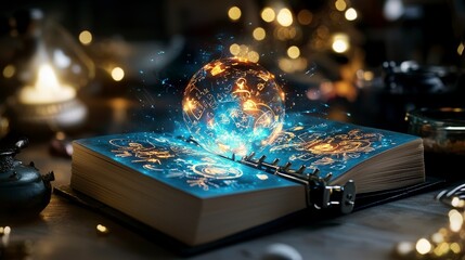 Poster - Enchanted diary binding pages with glowing magic cozy workshop photography whimsical atmosphere close-up perspective