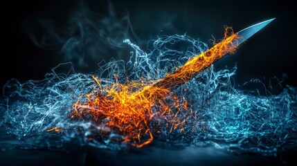Poster - A surreal blade cutting glowing threads of tape abstract art dark environment artistic viewpoint creative concept