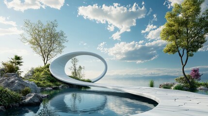 Aufkleber - Surreal pathway of transforming shapes tranquil lake digital art natural landscape aesthetic viewpoint imaginative concept