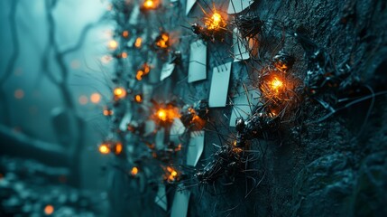 Aufkleber - Surreal glowing wall of pinned papers enchanted forest digital art mysterious atmosphere close-up creative inspiration