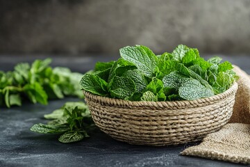 Aufkleber - Fresh mint leaves resting in woven basket on rustic table