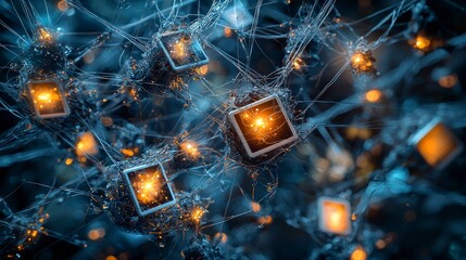 Poster - Glowing cords and polaroids a digital web of memories abstract space visual art futuristic aesthetic concept
