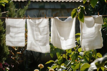 Aufkleber - Freshly washed linen hanging on a clothesline in a garden during a sunny afternoon. Generative AI