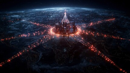 Poster - Aerial perspective global telecommunication revolution in futuristic urban landscapes and digital connectivity