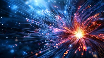 Poster - Dynamic fiber optic network visualization digital realm abstract art neon glow close-up technological innovation
