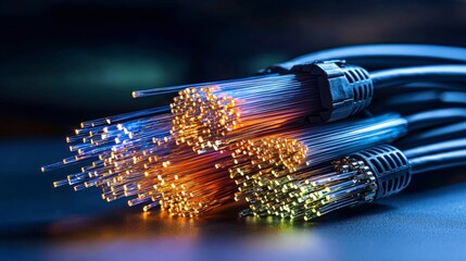 Poster - Illuminated fiber optic cables showcase technology hub macro photography dark environment close-up view innovation concept