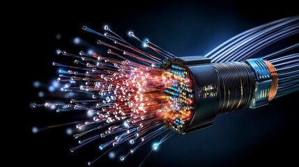 Poster - Light signals traveling through fiber optics technology lab closeup view high-speed data transmission innovative concept