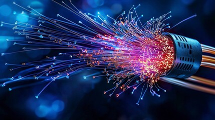 Poster - Dynamic light transmission through fiber optic cables technology lab closeup dark background innovative concept