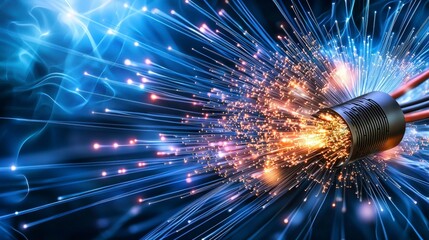 Poster - Dynamic light pulses through fiber optic cables high-tech lab closeup visuals dark environment scientific concept