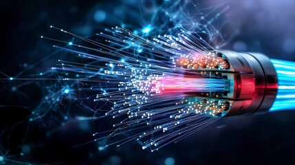 Poster - Fiber optic light signals transmitting data technology lab close-up digital environment high-tech viewpoint