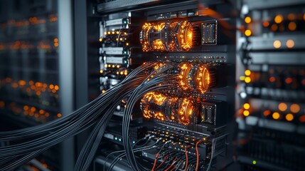 Poster - Revolutionizing network connectivity fiber optic technology in data centers high-tech environment detailed visualization