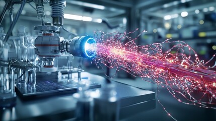 Aufkleber - Fiber optic cables transmitting vivid light pulses in high-tech laboratory environment with dynamic viewpoint