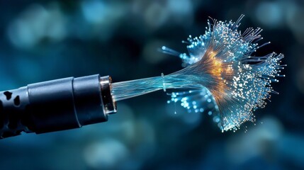 Poster - High-speed fiber optic transmission technology lab macro photo dynamic environment close-up perspective light interactions