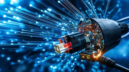 Aufkleber - Dynamic communication signals transmitting through a high-tech connector in a futuristic environment