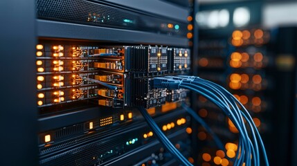 Poster - Data infrastructure powered by fiber tech facility server room modern environment wide-angle view innovative concepts