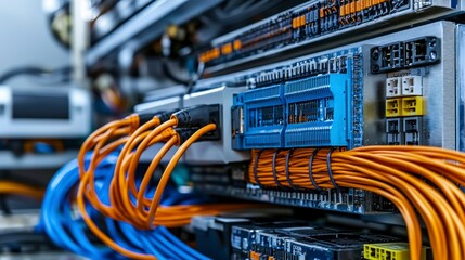 Poster - Fiber optic network infrastructure data center technology industrial environment wide angle view connectivity concepts