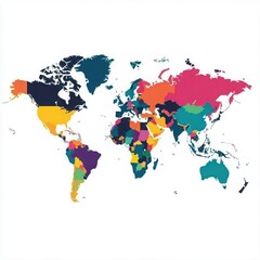 A classic world map with colorful countries and clearly marked borders on a white background 