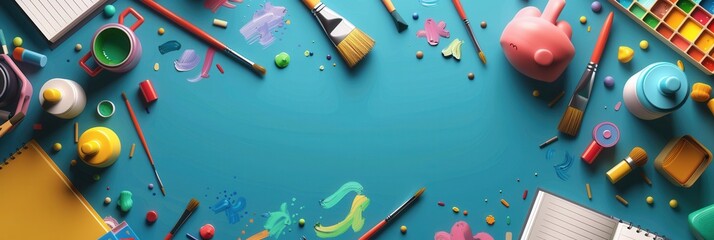 Aufkleber - Colorful educational materials are arranged on a vibrant blue surface for creative activities and art projects. Generative AI