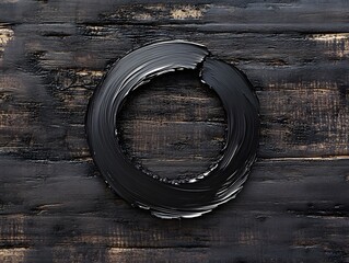 Poster - A circular black brushstroke on a textured wooden background.